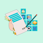 Ausgaben während der Ausbildung Eine Liste und ein Stift, dahinter Kacheln mit einem Haus, einem Sandwich, einem Fußball, einem Zug und einem Handy