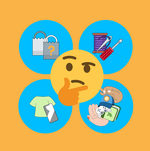 Unser Konsumverhalten Nachdenklicher Smiley, im Hintergrund Symbolbilder für Kaufalternativen, etwa ein Schraubenzieher, der für eine Reparatur steht
