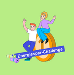 Energie sparen in der Schule Zwei Schüler:innen und eine Geldmünze, davor ein Schriftzug zur Energiespar-Challenge