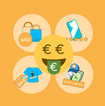 Tricks der Verkäufer Emoji mit Eurozeichen in den Augen, im Hintergrund verschiedene Symbolbilder für Verkäufertricks