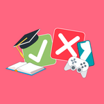 Gute Schulden, schlechte Schulden Buch, Doktorhut, Smartphone und Gamepad, dazu ein Häkchen und ein X