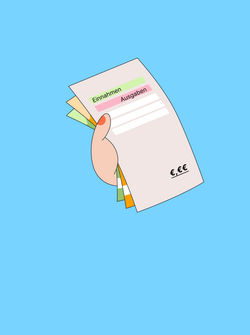 Einnahmen und Ausgaben Unterrichtsmaterial A4-Papier mit Einnahmen-Ausgaben-Auflistung auf Geldscheinen